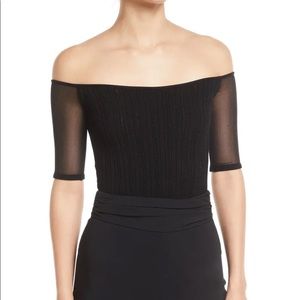 Cushnie off the shoulder sheer knit black bodysuit Sz XS